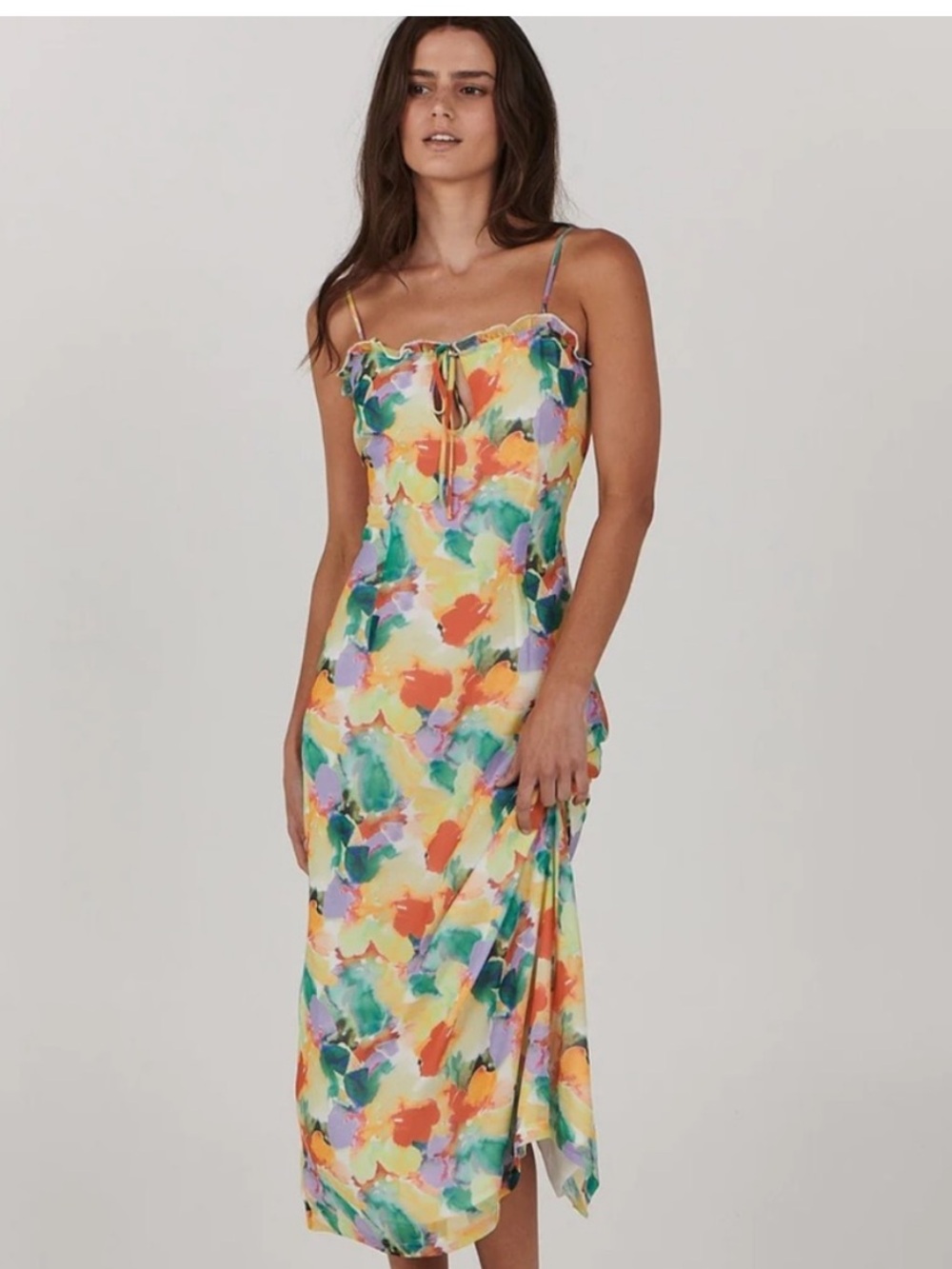 Anthropologie Multi Watercolor Midi Slip Dress With Peep Hole Tie in Front.